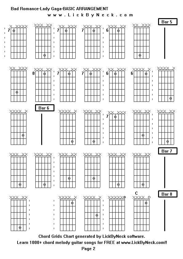 Chord Grids Chart of chord melody fingerstyle guitar song-Bad Romance-Lady Gaga-BASIC ARRANGEMENT,generated by LickByNeck software.